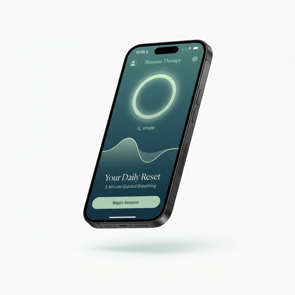 Resomo Therapy app interface showing a calming breathing exercise
